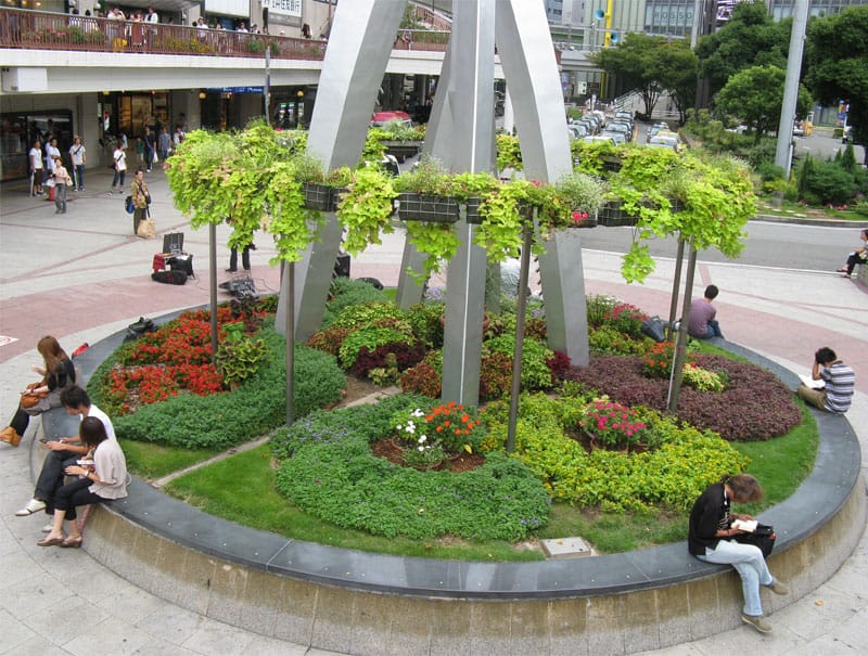 A flower-filled plaza near Hyogo station