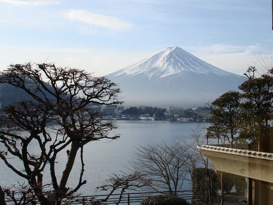 Snow-capped Mount Fuji across Lake Kawaguchi, framed by bare winter trees